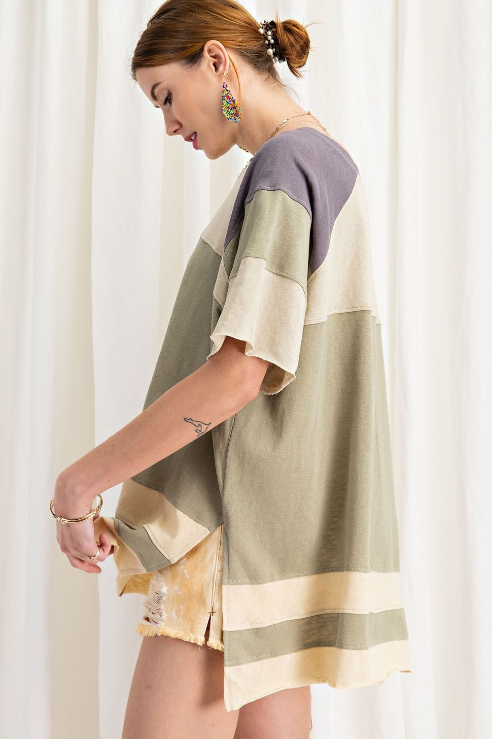 Keep it Real Color Blocked Top - Short Sleeve Cotton Jersey Loose Fit Top - available in 3 colors Ivy and Pearl Boutique
