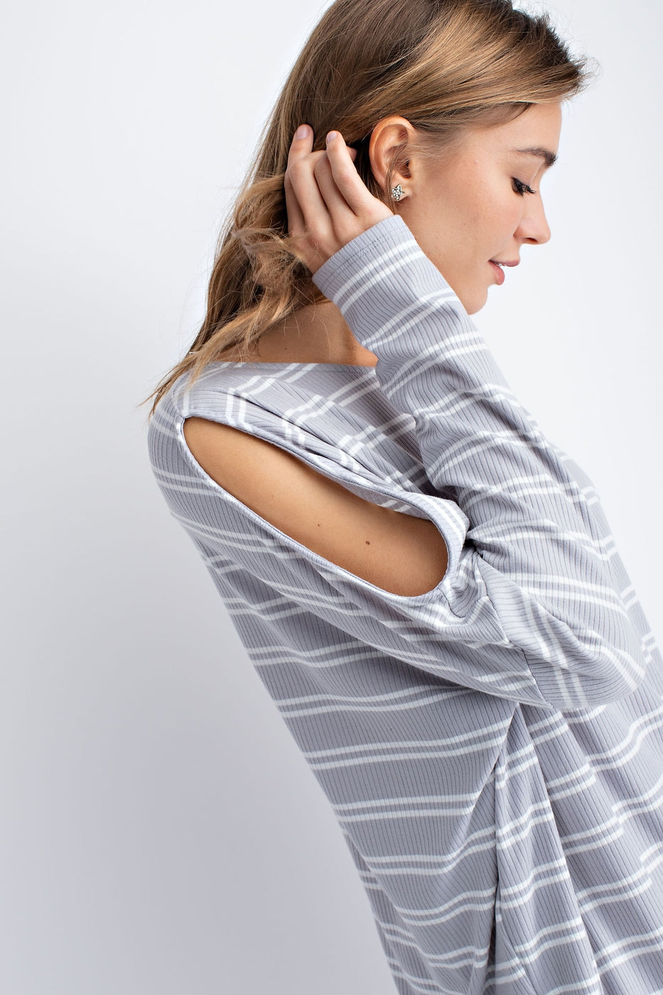 Knitted rib stripe cold shoulder button detail long sleeve top Ivy and Pearl Boutique