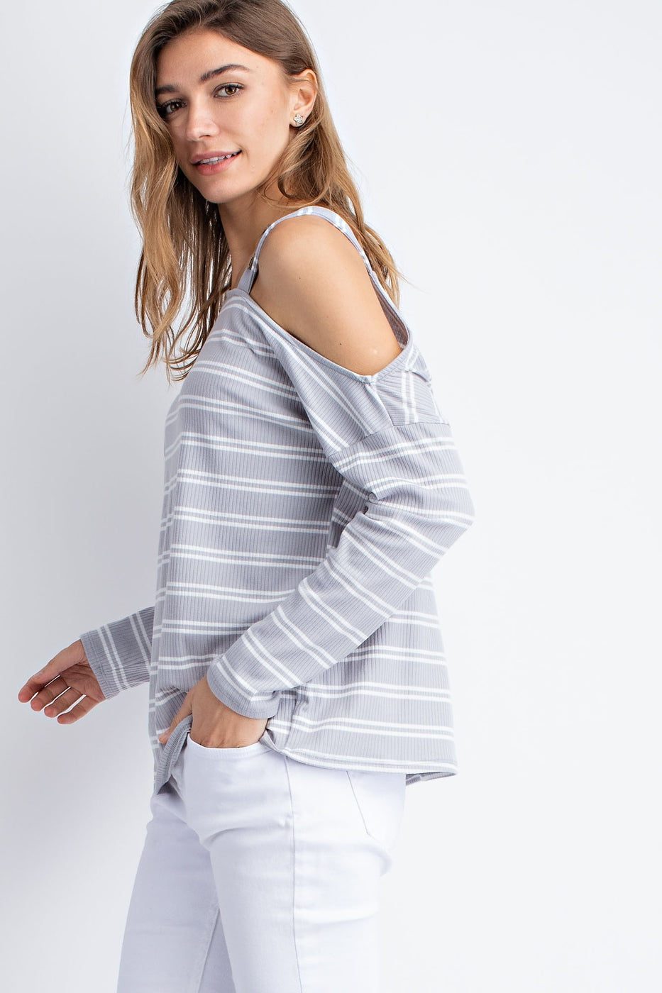 Knitted rib stripe cold shoulder button detail long sleeve top Ivy and Pearl Boutique
