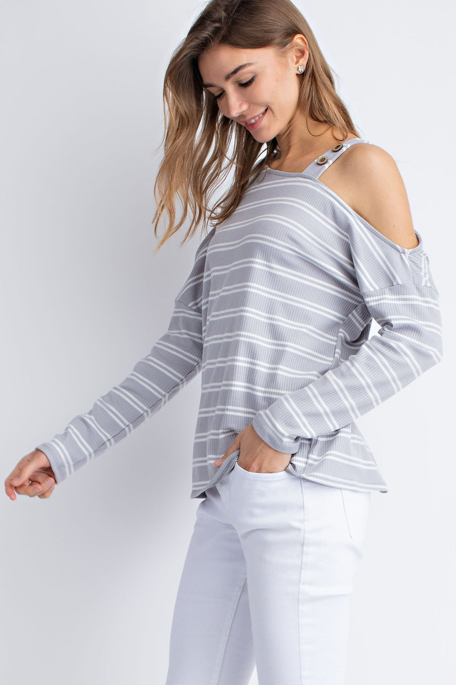 Knitted rib stripe cold shoulder button detail long sleeve top Ivy and Pearl Boutique