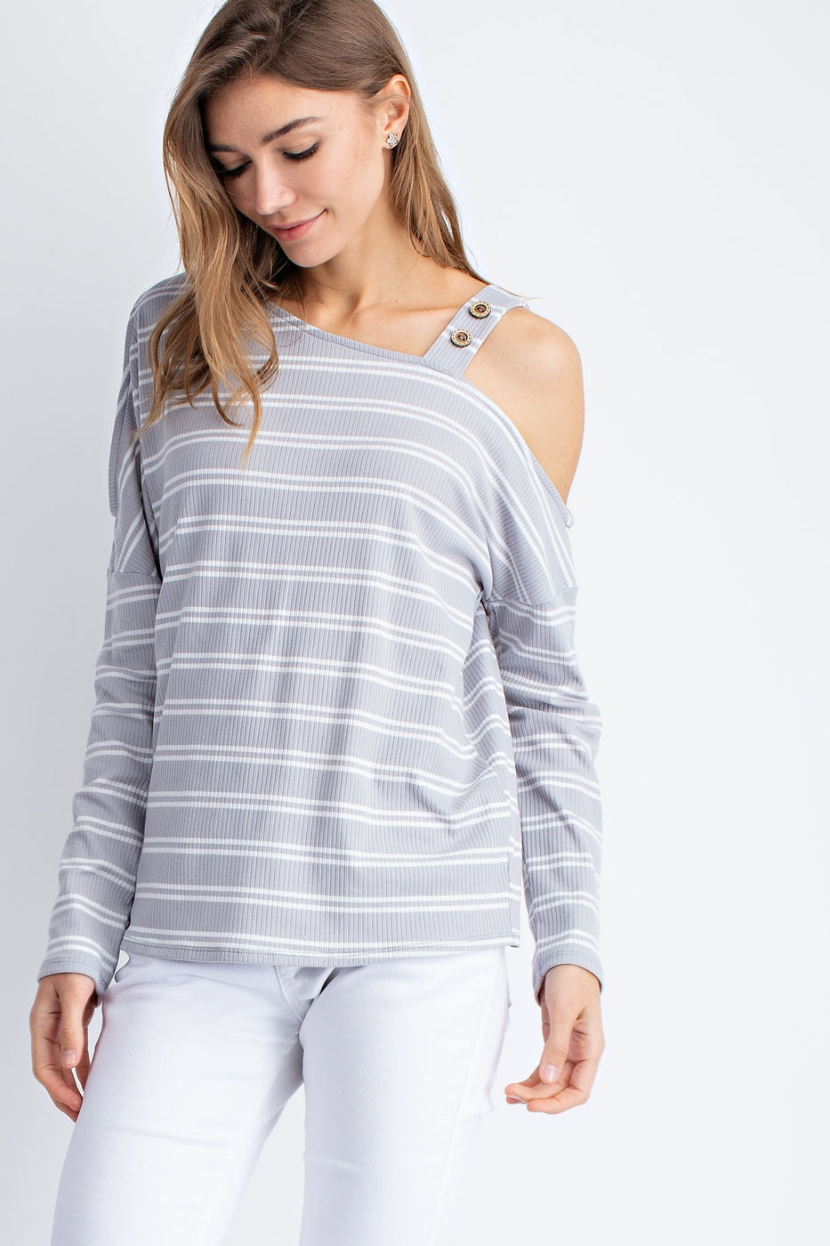 Knitted rib stripe cold shoulder button detail long sleeve top Ivy and Pearl Boutique