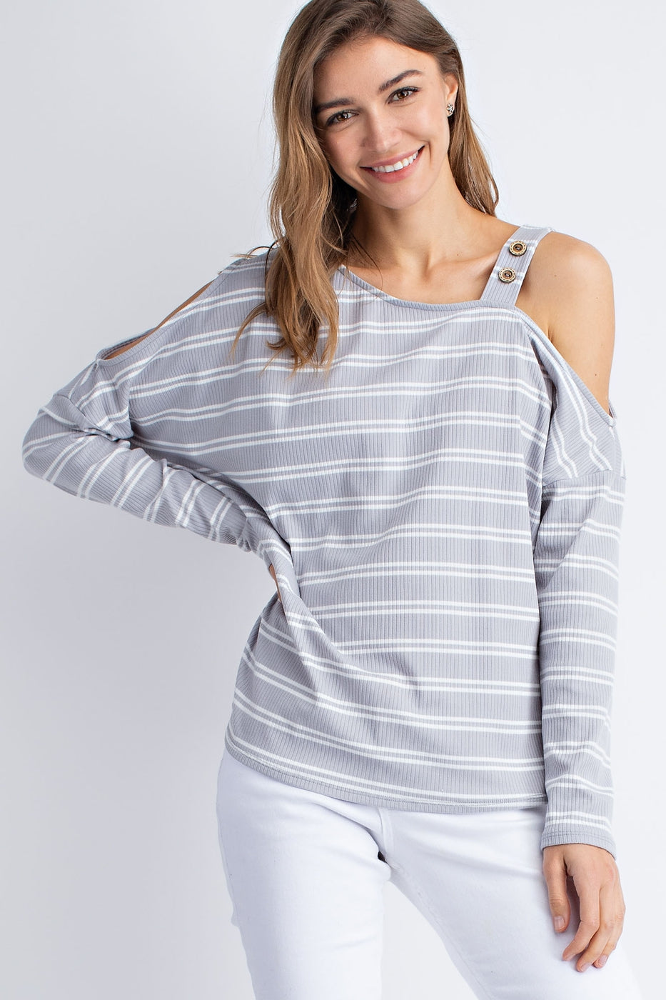 Knitted rib stripe cold shoulder button detail long sleeve top Ivy and Pearl Boutique
