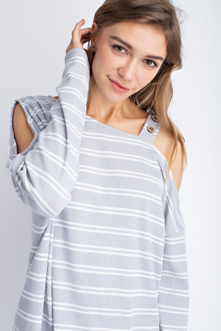 Knitted rib stripe cold shoulder button detail long sleeve top Ivy and Pearl Boutique S