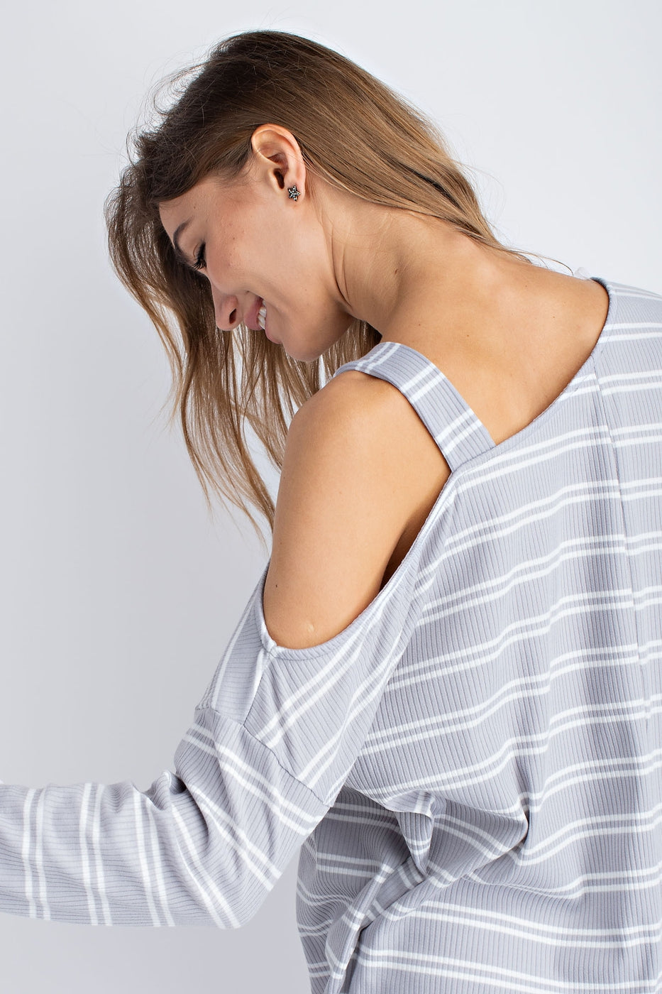 Knitted rib stripe cold shoulder button detail long sleeve top Ivy and Pearl Boutique
