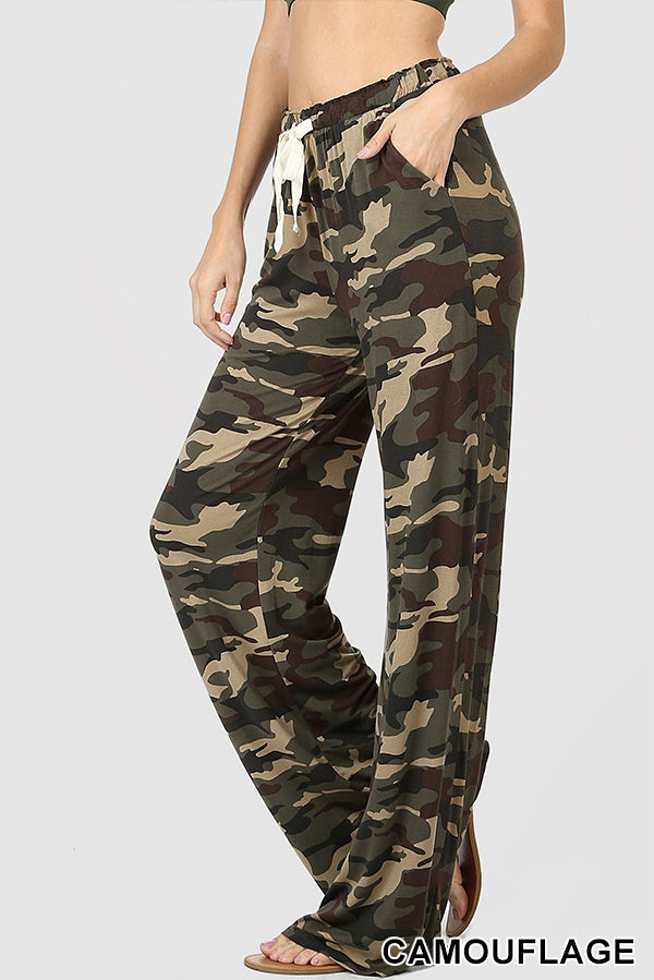 Laid back camouflage lounge pants with loose fit and drawstring waist Ivy and Pearl Boutique Dark Green S