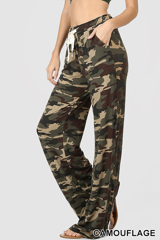 Laid back camouflage lounge pants with loose fit and drawstring waist  Ivy and Pearl Boutique Dark Green S