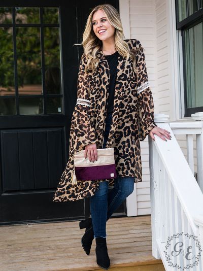 Leopard kimono with lace detail bell sleeves Ivy and Pearl Boutique XL/2XL