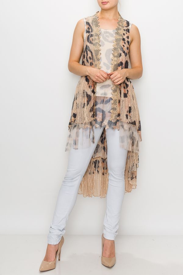 Leopard long lace vest duster Ivy and Pearl Boutique