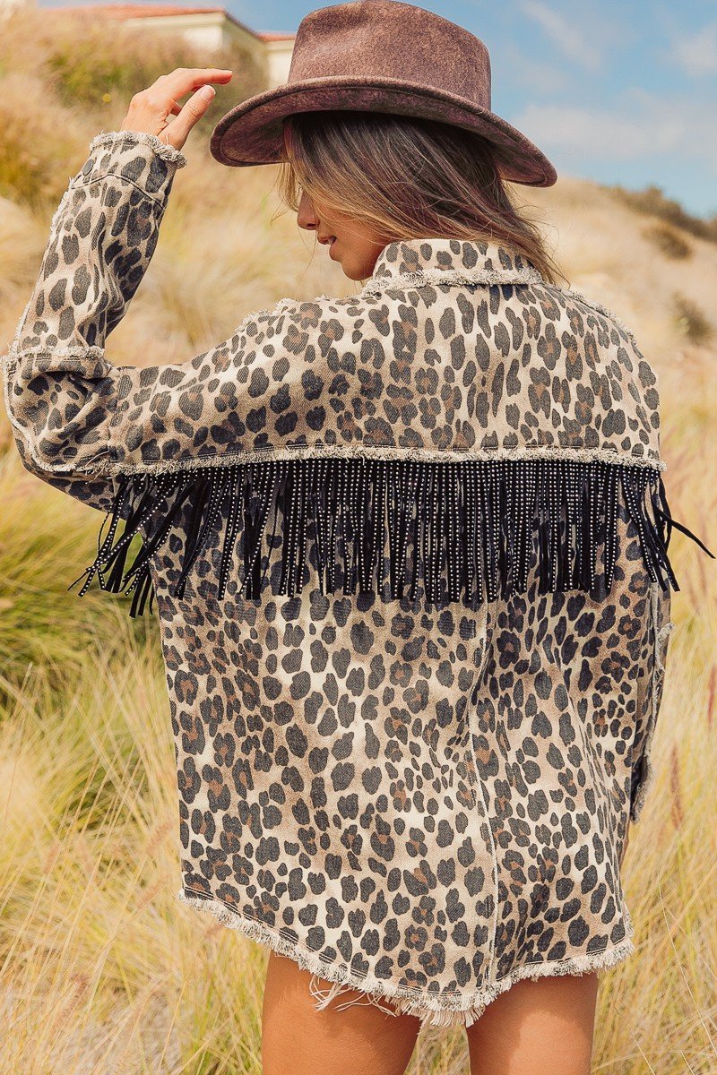 Leopard printed open front shirt with fringe yoke and frayed edge detail Ivy and Pearl Boutique