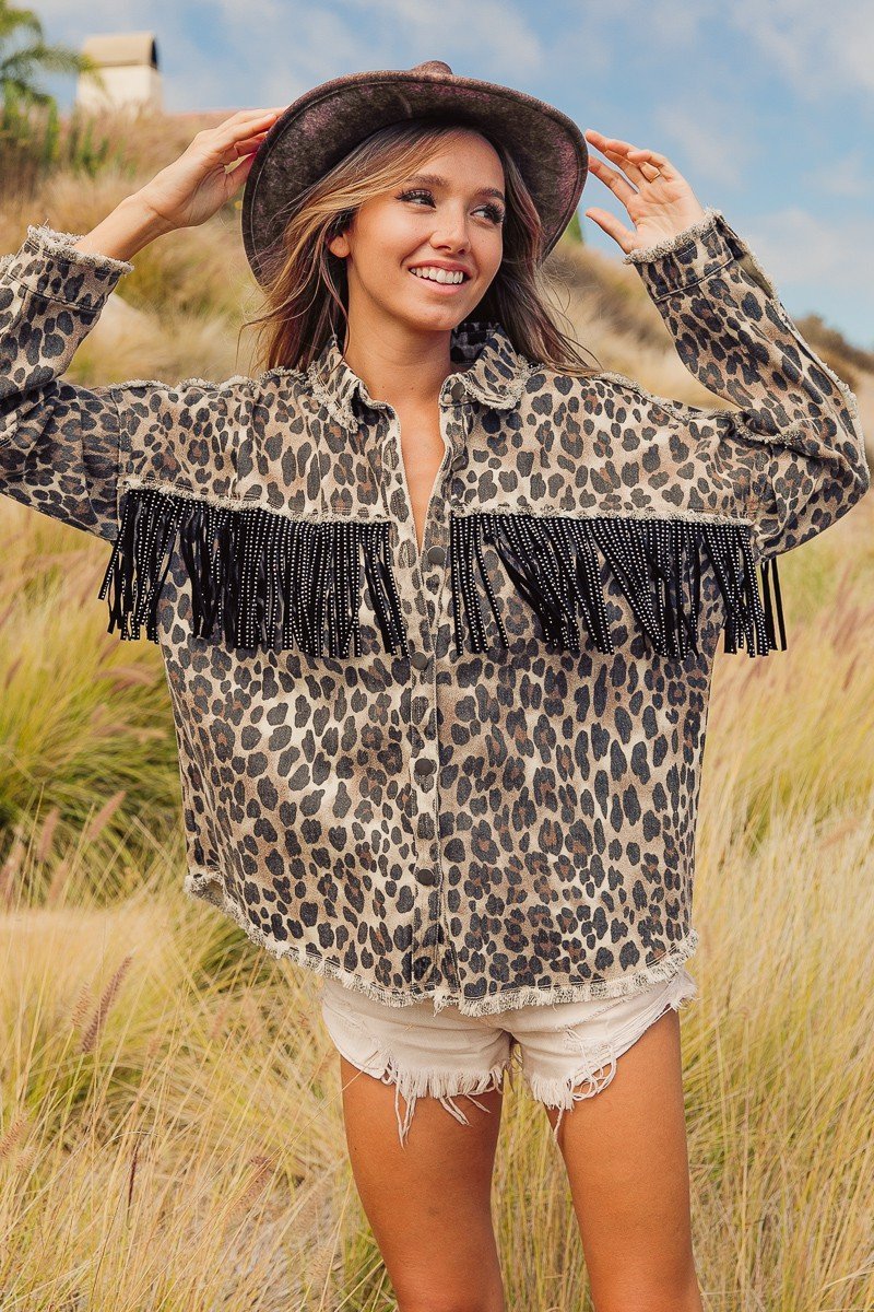 Leopard printed open front shirt with fringe yoke and frayed edge detail Ivy and Pearl Boutique