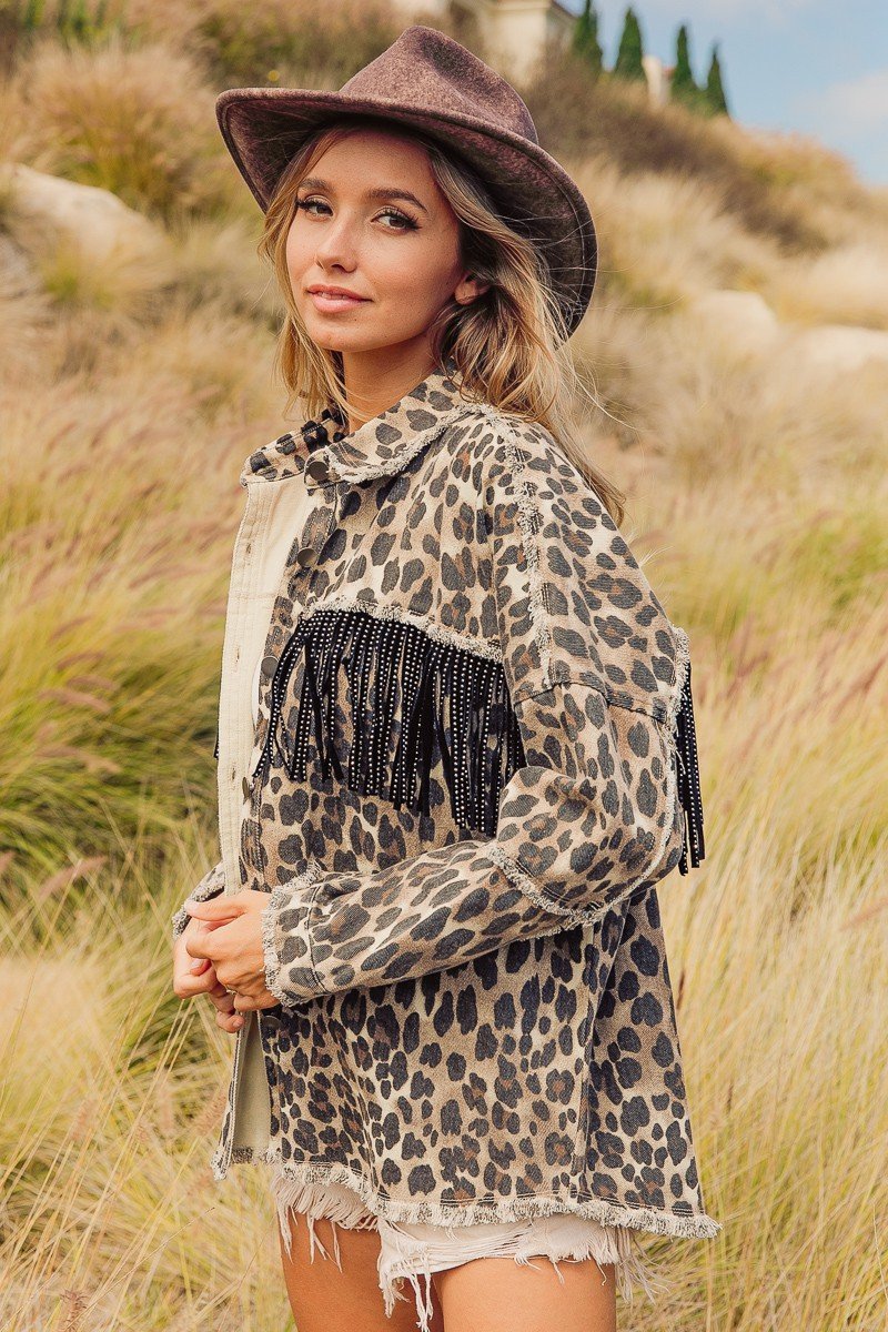 Leopard printed open front shirt with fringe yoke and frayed edge detail Ivy and Pearl Boutique