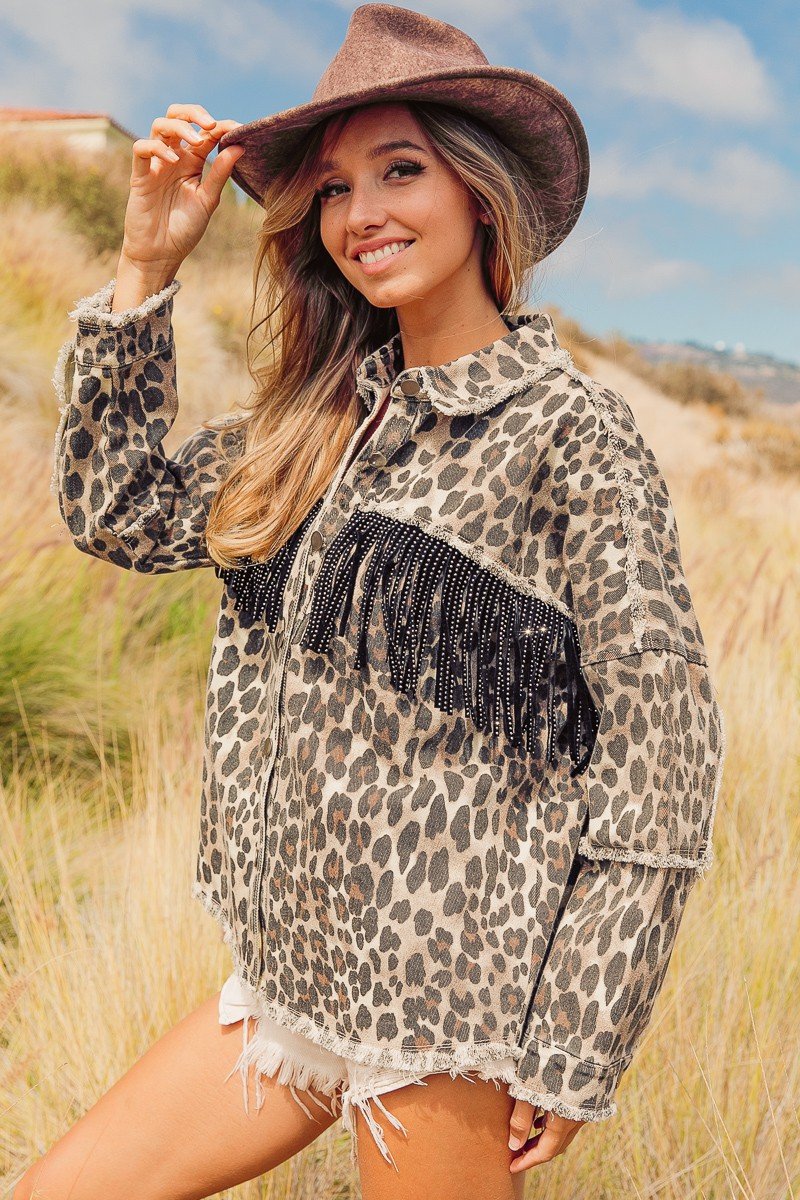 Leopard printed open front shirt with fringe yoke and frayed edge detail Ivy and Pearl Boutique