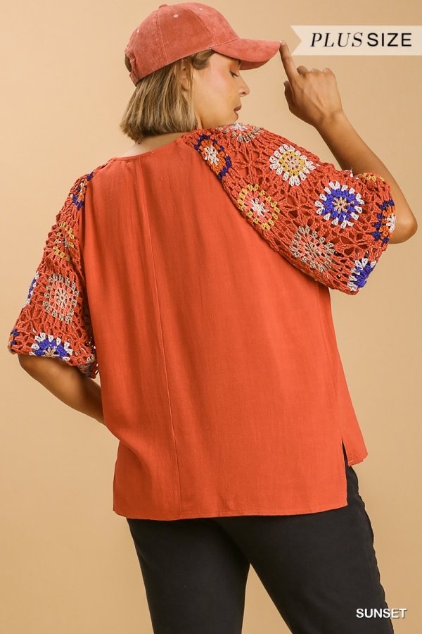 Linen blend 3/4 crochet sleeve top with lining Ivy and Pearl Boutique