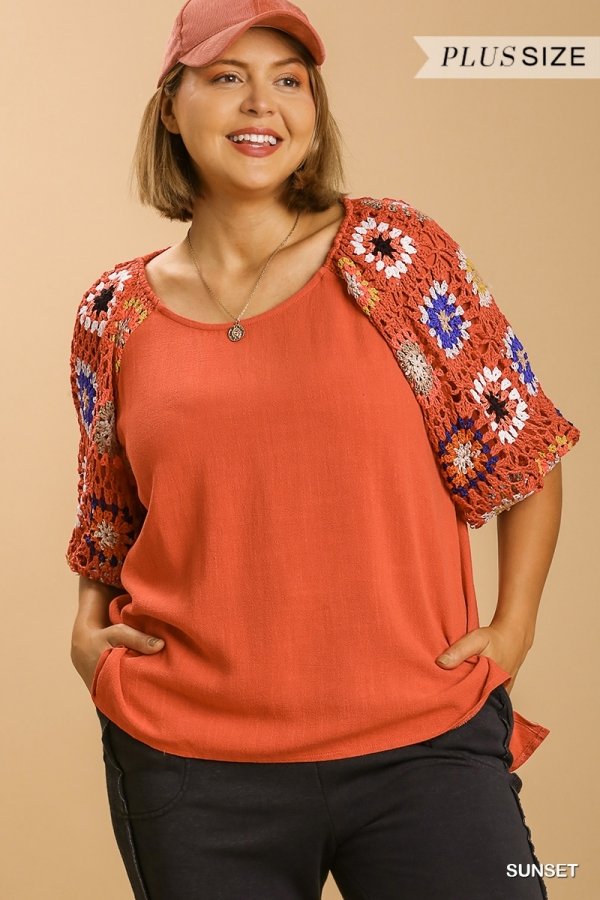 Linen blend 3/4 crochet sleeve top with lining Ivy and Pearl Boutique