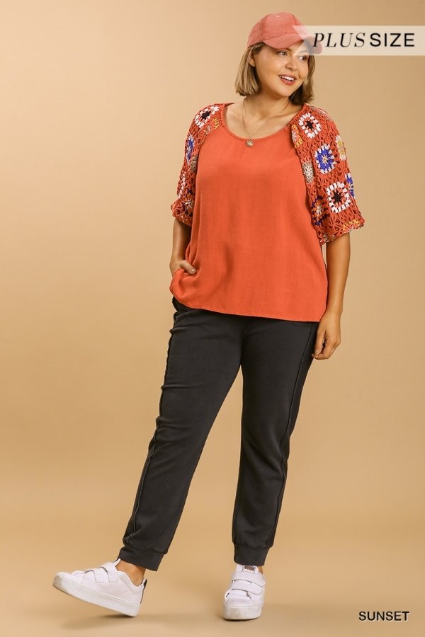 Linen blend 3/4 crochet sleeve top with lining Ivy and Pearl Boutique