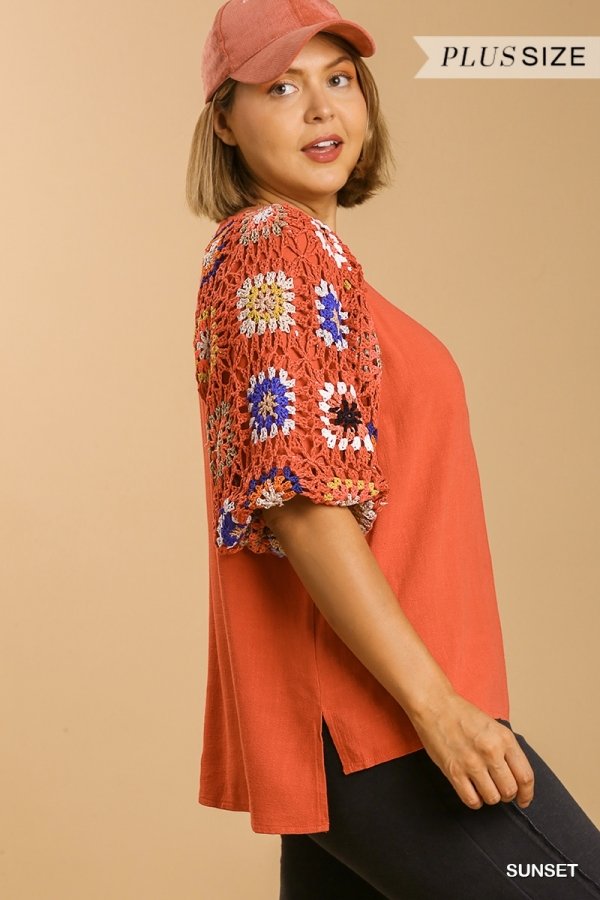Linen blend 3/4 crochet sleeve top with lining Ivy and Pearl Boutique