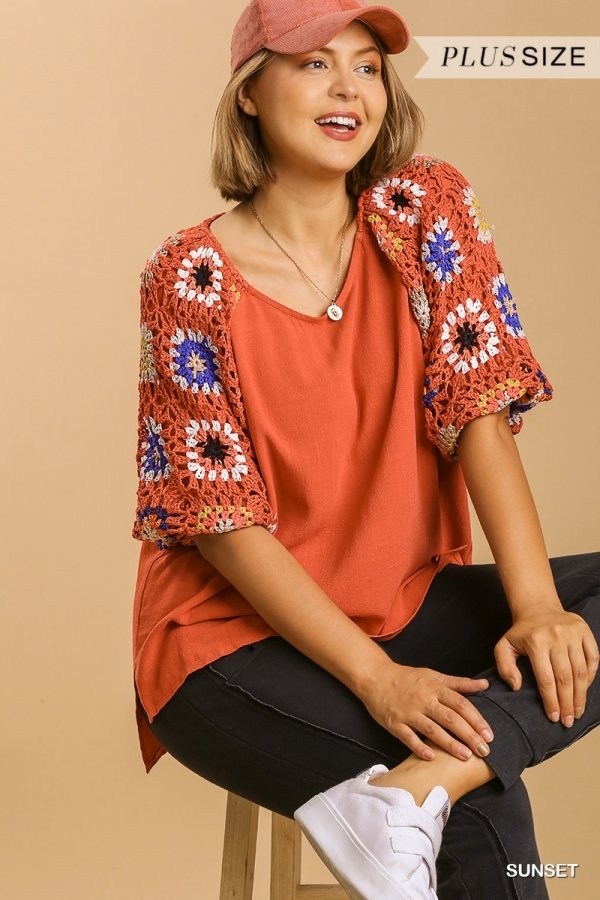 Linen blend 3/4 crochet sleeve top with lining Ivy and Pearl Boutique