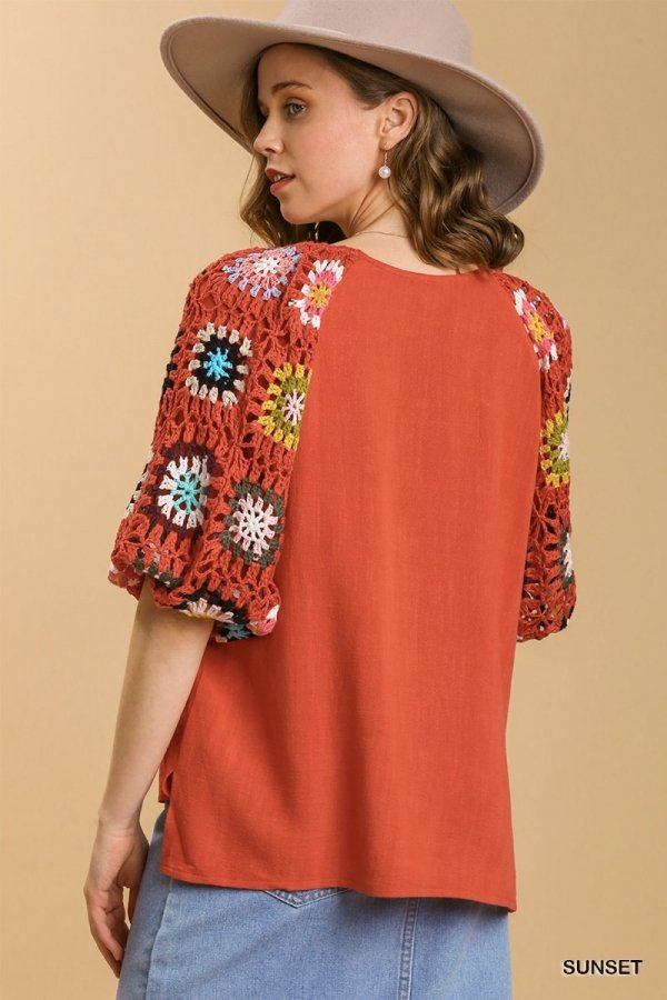 Linen blend 3/4 crochet sleeve top with lining Ivy and Pearl Boutique