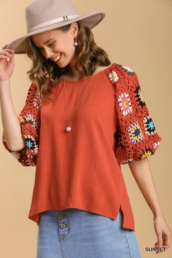 Linen blend 3/4 crochet sleeve top with lining Ivy and Pearl Boutique Orange XL
