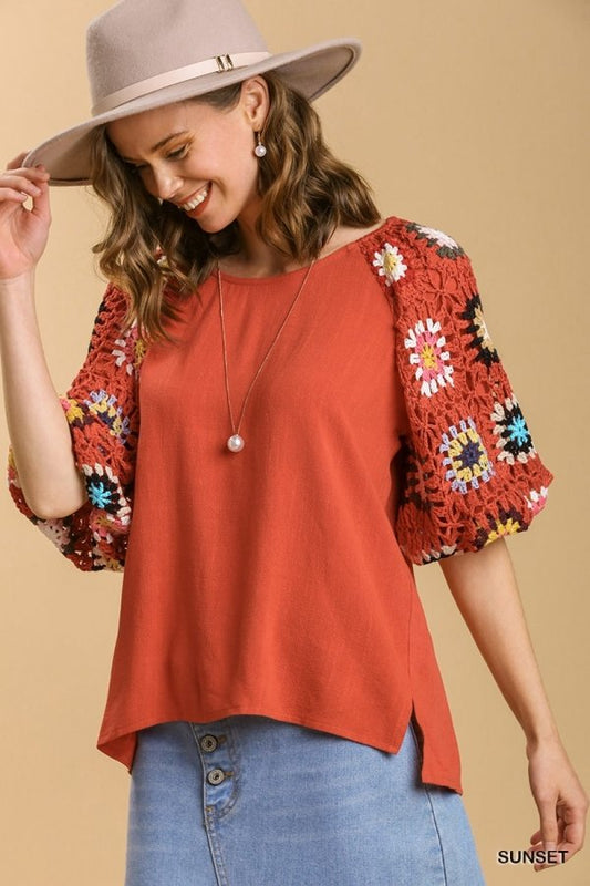 Linen blend 3/4 crochet sleeve top with lining  Ivy and Pearl Boutique Orange XL
