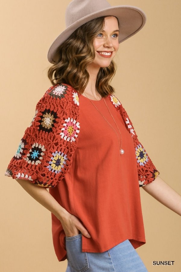 Linen blend 3/4 crochet sleeve top with lining Ivy and Pearl Boutique