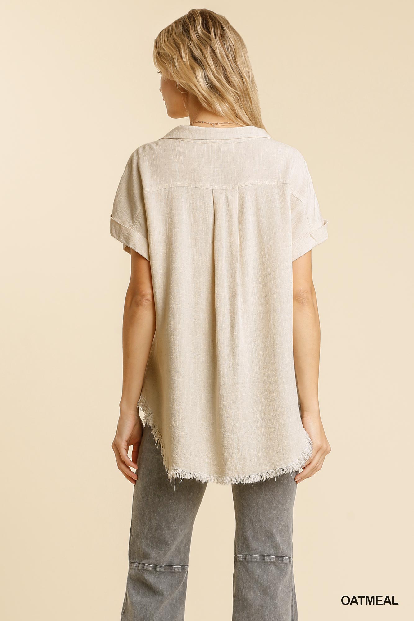 Linen blend button down collar folded sleeve top with chest pocket and frayed edged hi-low hem Ivy and Pearl Boutique