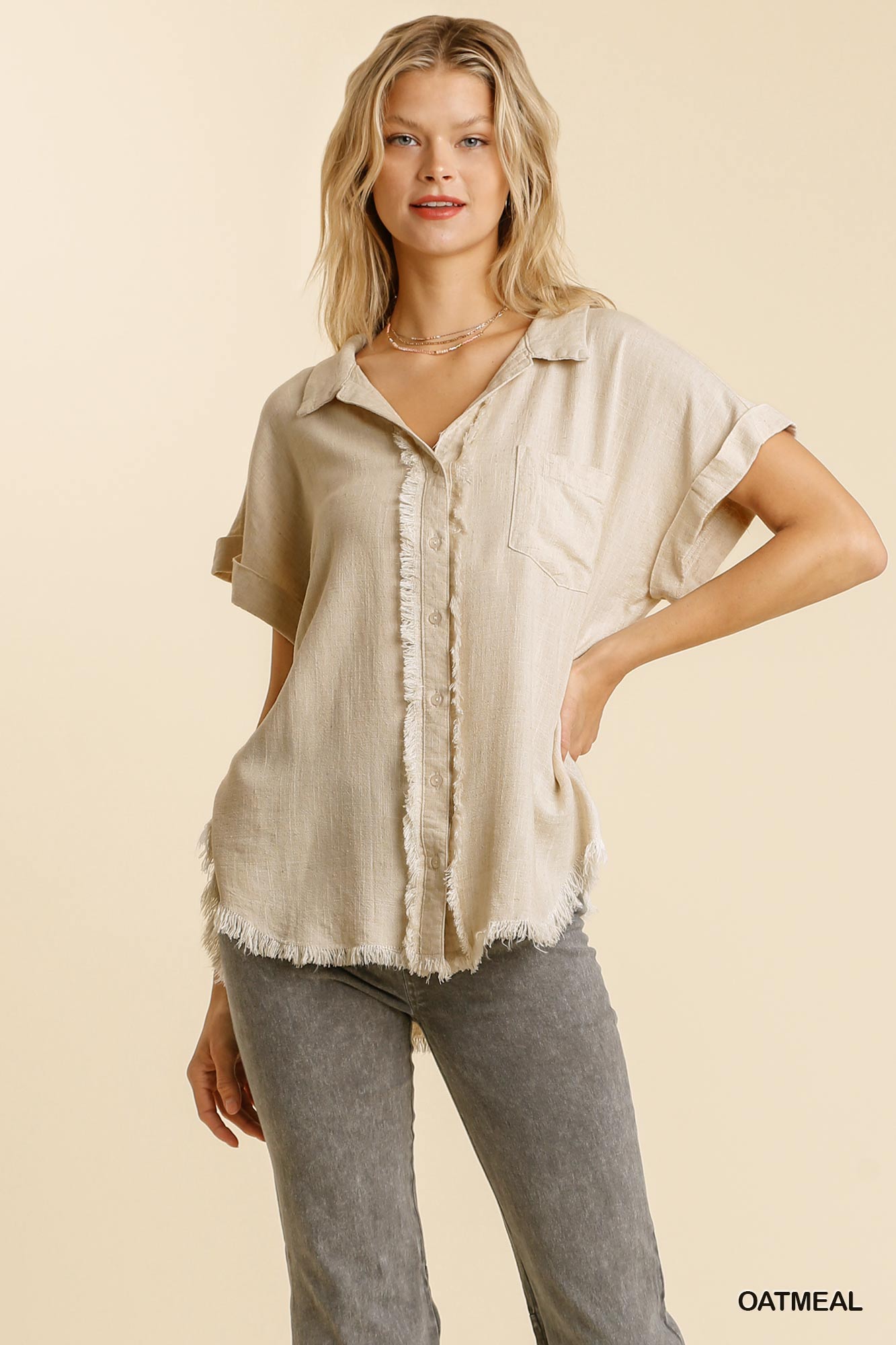Linen blend button down collar folded sleeve top with chest pocket and frayed edged hi-low hem Ivy and Pearl Boutique Oatmeal S