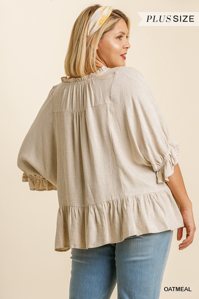 Linen Blend Half Sleeve Top with Front Tassel Tie and Ruffle Hem Ivy and Pearl Boutique