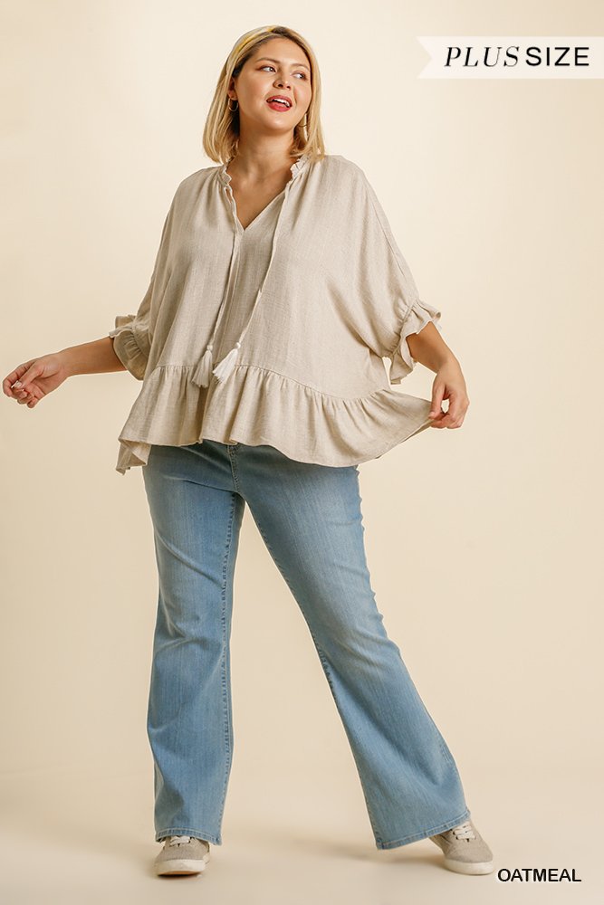 Linen Blend Half Sleeve Top with Front Tassel Tie and Ruffle Hem Ivy and Pearl Boutique