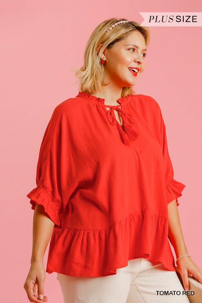Linen Blend Half Sleeve Top with Front Tassel Tie and Ruffle Hem Ivy and Pearl Boutique Tomato Red XL