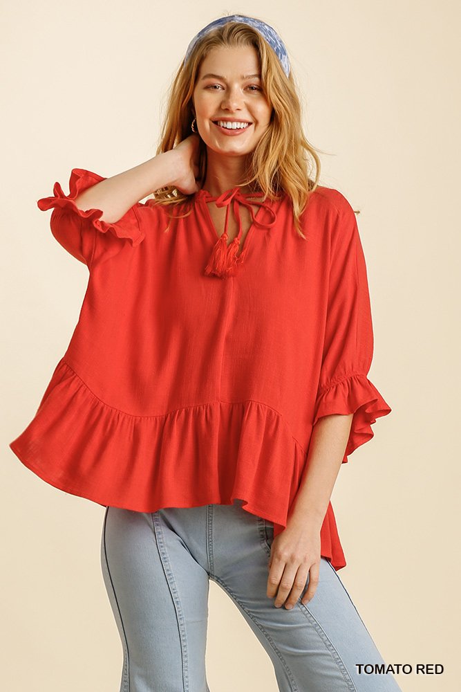 Linen Blend Half Sleeve Top with Front Tassel Tie and Ruffle Hem Ivy and Pearl Boutique Tomato Red S