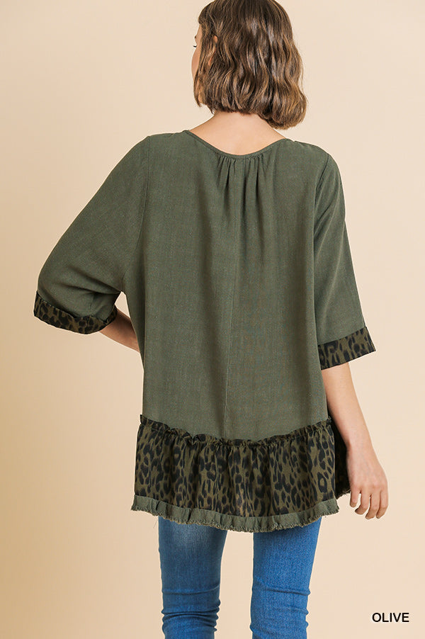 Linen blend animal print sleeve round neck top with animal print frayed ruffle hem Ivy and Pearl Boutique