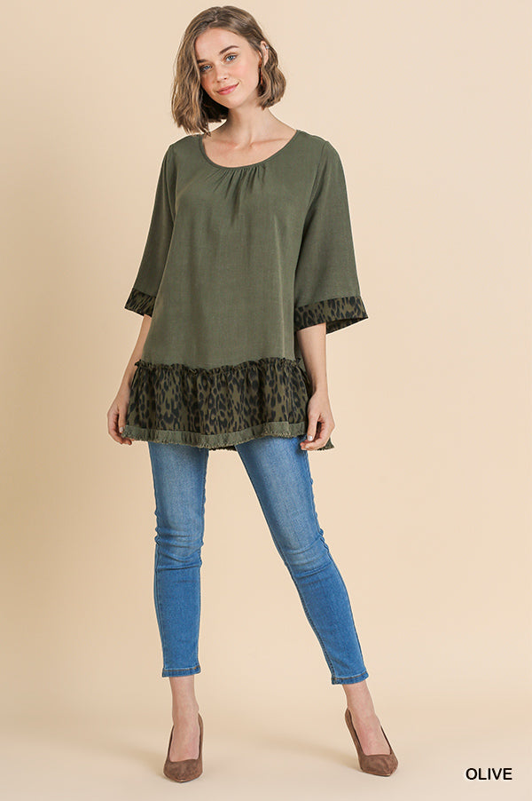 Linen blend animal print sleeve round neck top with animal print frayed ruffle hem Ivy and Pearl Boutique Olive S