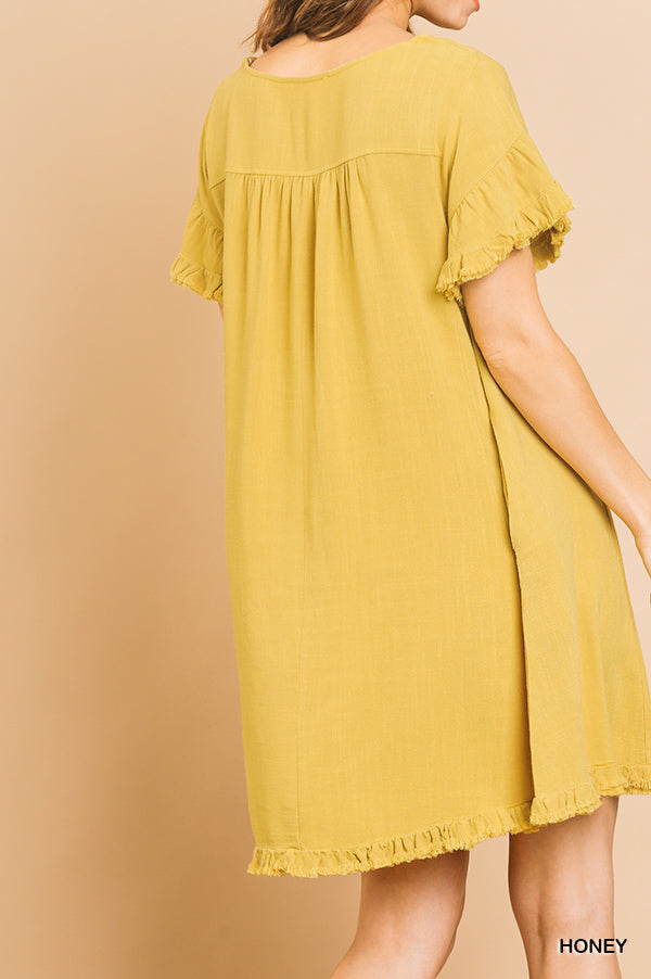 Umgee Linen Blend Short Ruffle Sleeve Round Neck Dress with Ruffle Hem Ivy and Pearl Boutique