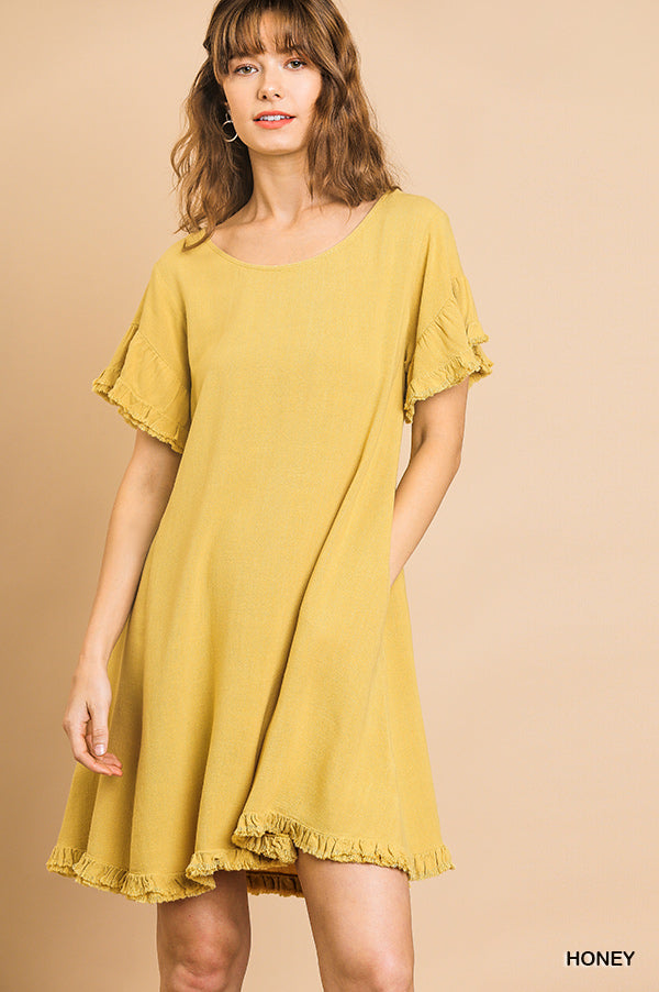 Umgee Linen Blend Short Ruffle Sleeve Round Neck Dress with Ruffle Hem Ivy and Pearl Boutique Honey S