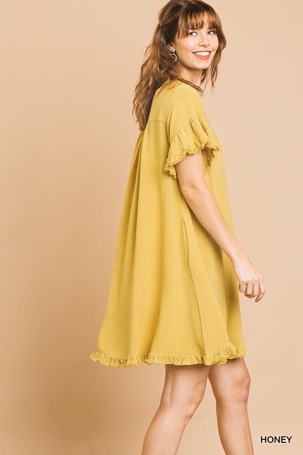 Umgee Linen Blend Short Ruffle Sleeve Round Neck Dress with Ruffle Hem Ivy and Pearl Boutique