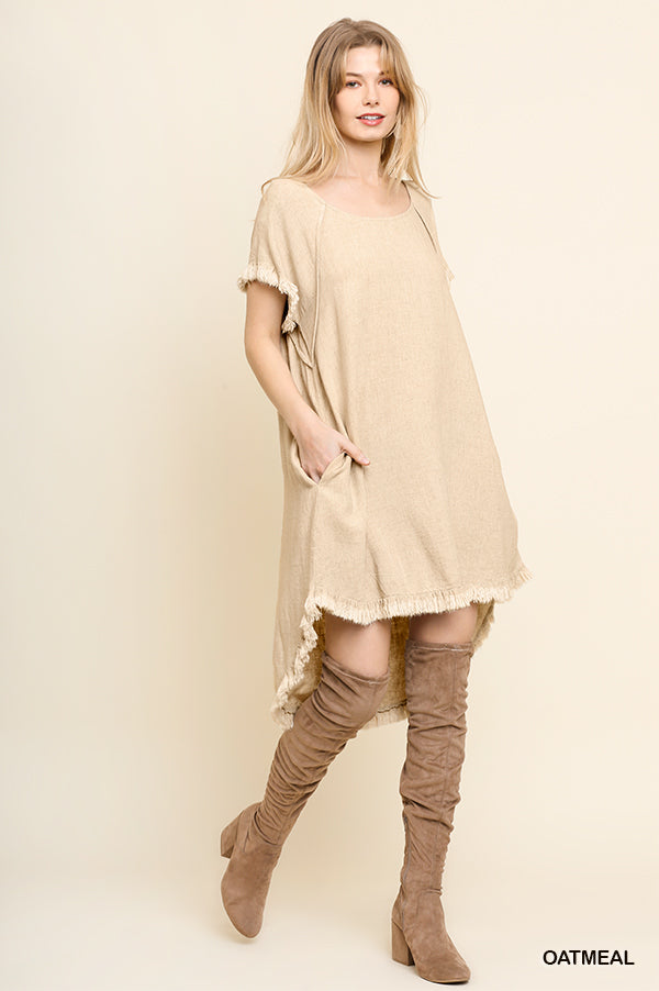 Umgee linen round-neck pocket dress with fringe short sleeves and high-low hem Ivy and Pearl Boutique Oat XL