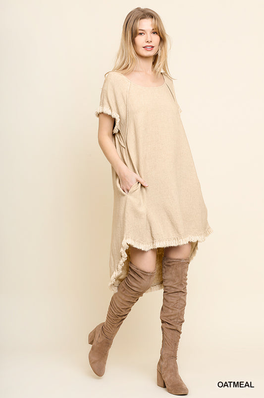 Umgee linen round-neck pocket dress with fringe short sleeves and high-low hem  Ivy and Pearl Boutique Oat XL