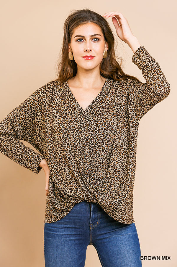 Umgee long sleeve animal-print V-Neck top with front gathering Ivy and Pearl Boutique Brown S