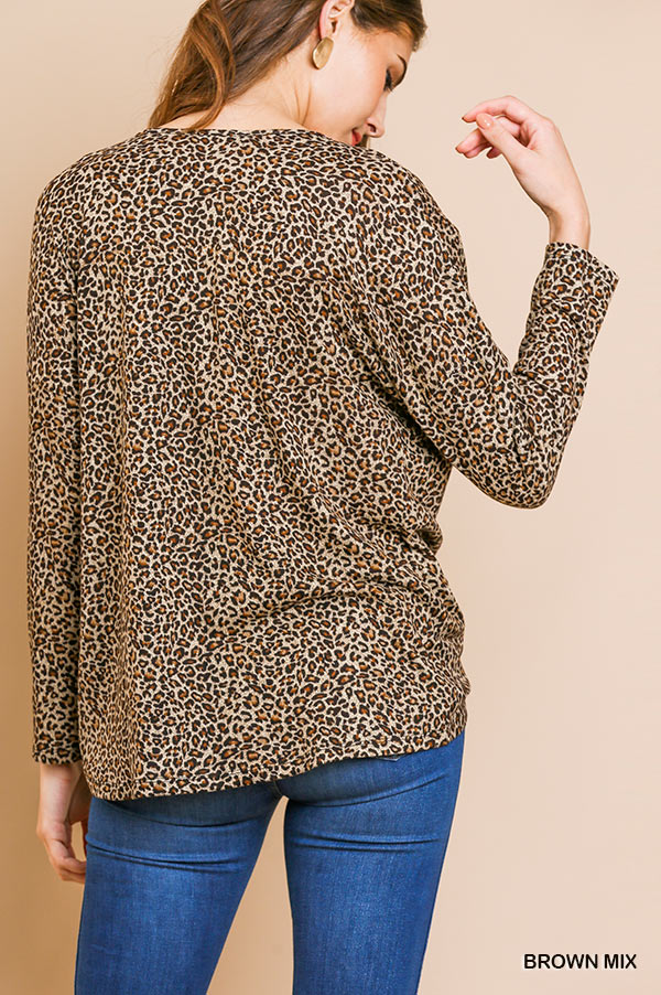 Umgee long sleeve animal-print V-Neck top with front gathering Ivy and Pearl Boutique