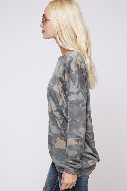 Long sleeve camouflage lattice cross strap back top Ivy and Pearl Boutique