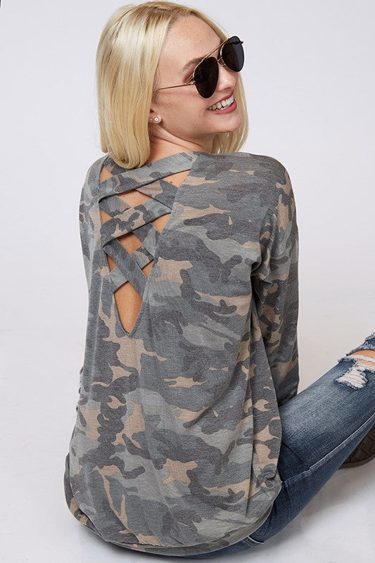 Long sleeve camouflage lattice cross strap back top Ivy and Pearl Boutique S