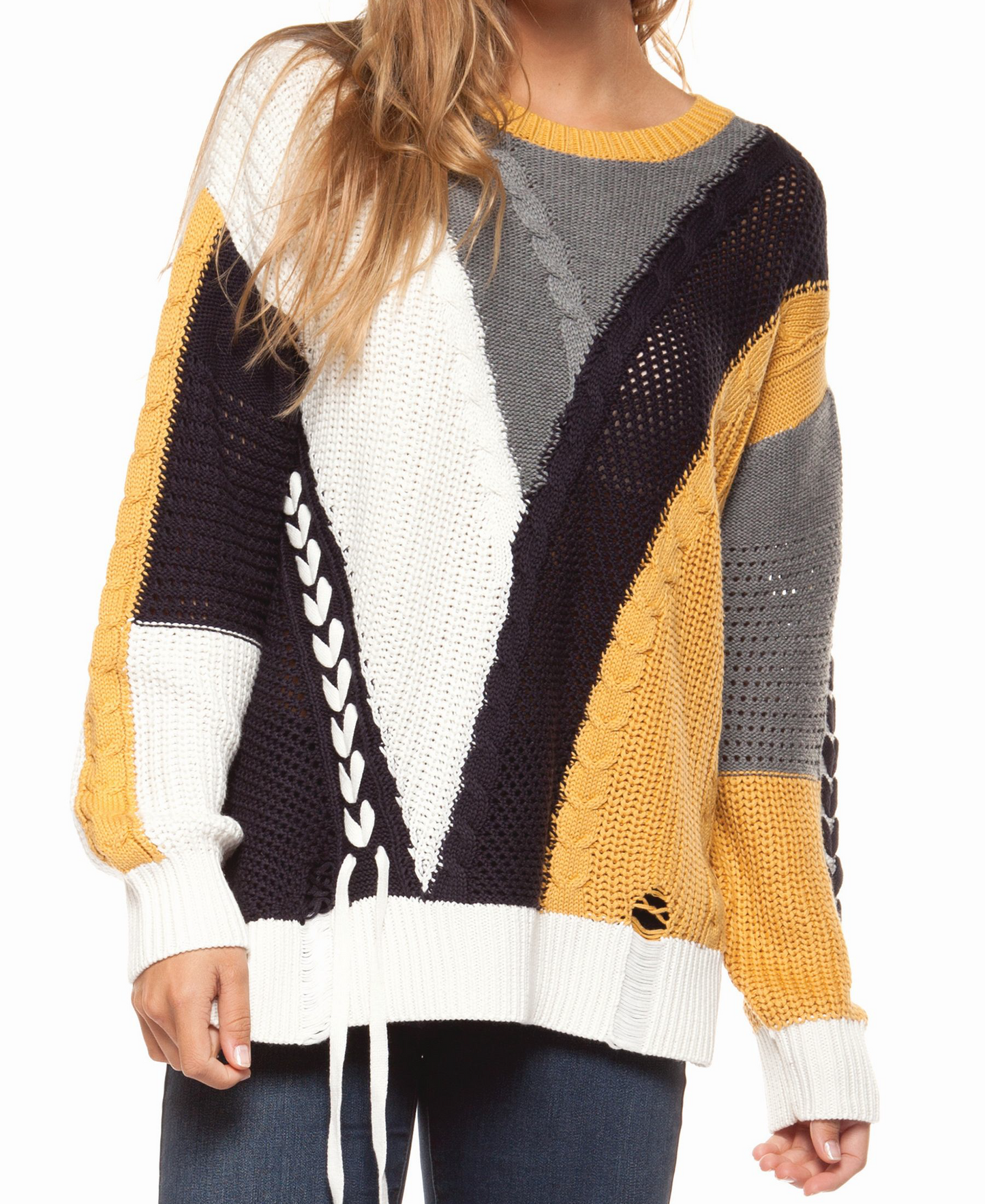 Long sleeve color block cable knit sweater with lace-up trim Ivy and Pearl Boutique