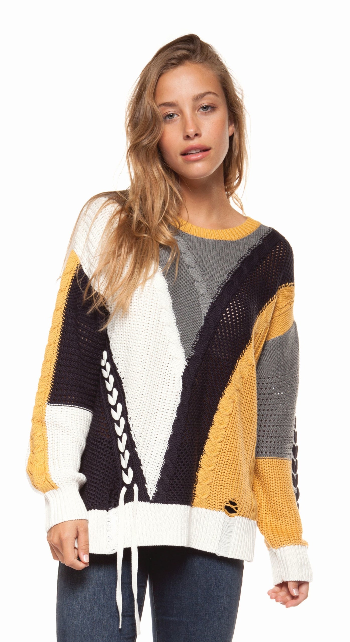 Long sleeve color block cable knit sweater with lace-up trim Ivy and Pearl Boutique XS
