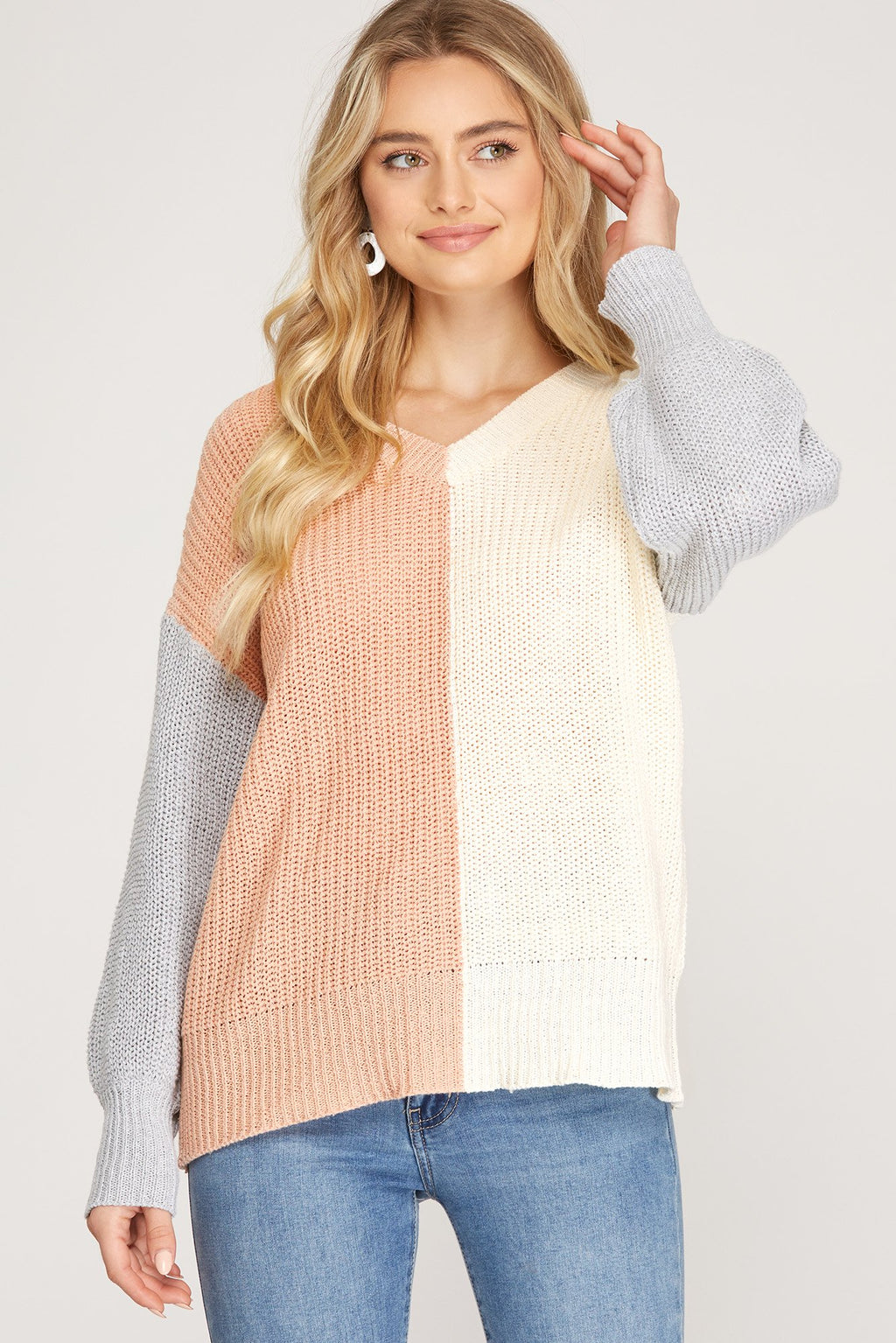 Long Sleeve Color Block V-neck Sweater Top  Ivy and Pearl Boutique Rose S