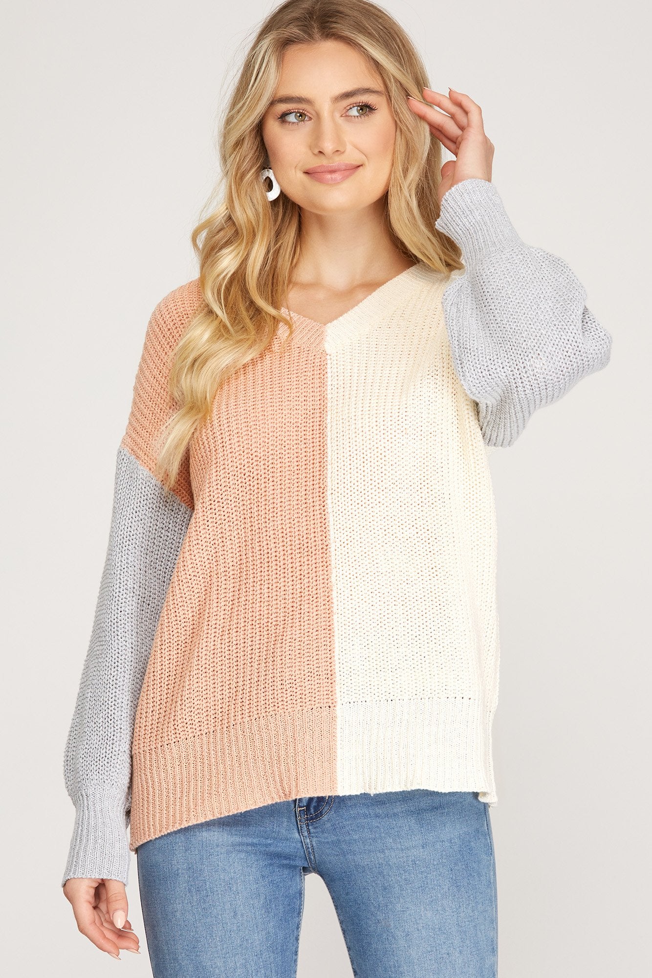 Long Sleeve Color Block V-neck Sweater Top Ivy and Pearl Boutique Rose S
