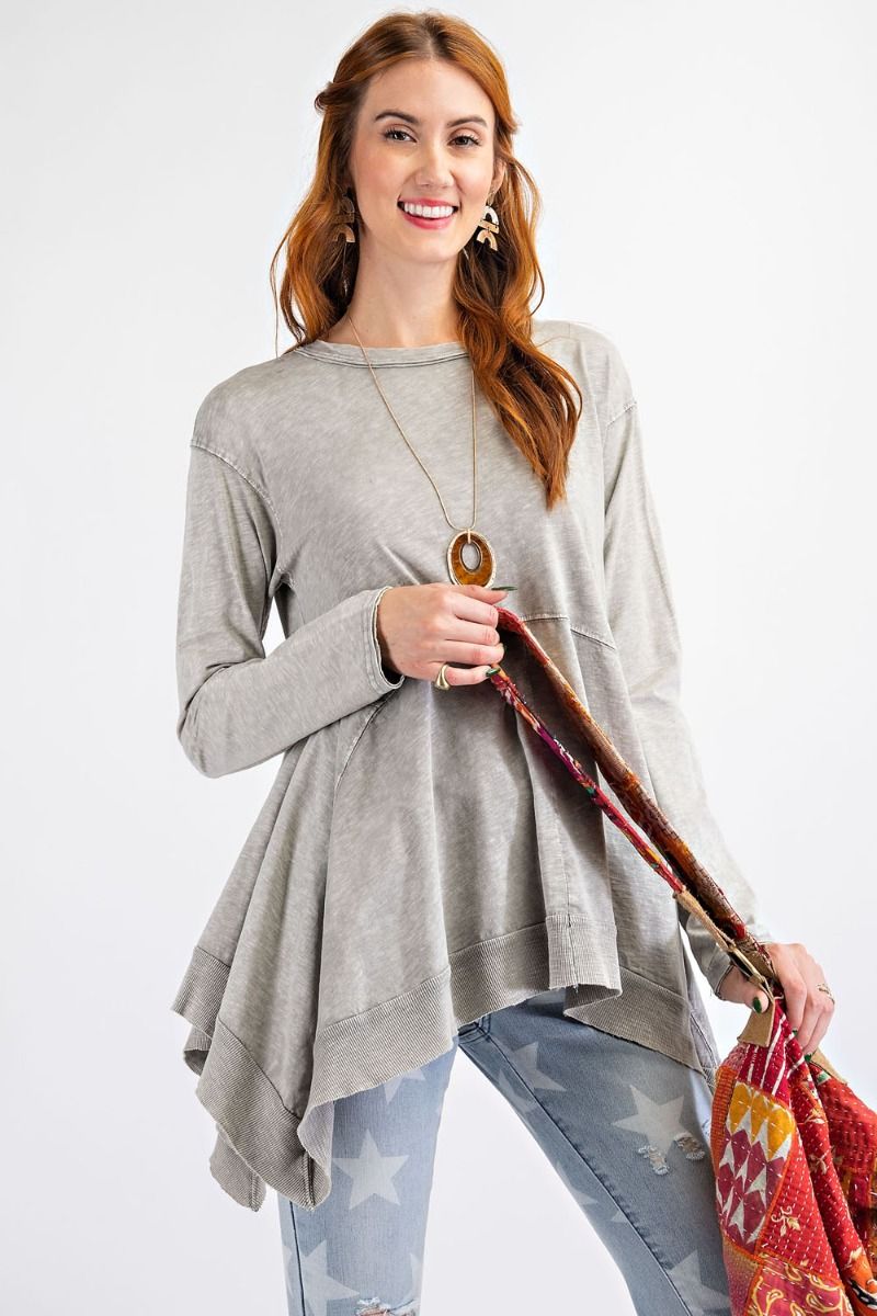 Long sleeve cotton slub mineral wash sharkbite hem tunic top Ivy and Pearl Boutique Ash S