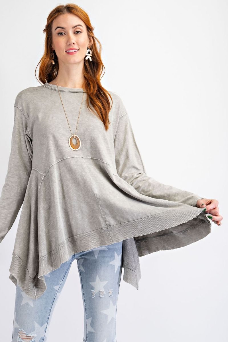 Long sleeve cotton slub mineral wash sharkbite hem tunic top Ivy and Pearl Boutique