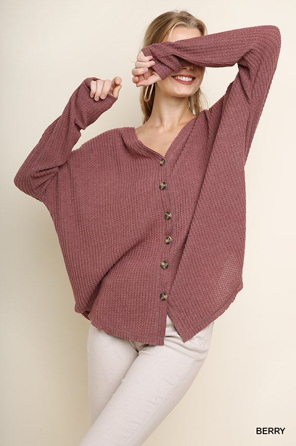 Umgee long sleeve fleece waffle knit button front cardigan with scoop hem Ivy and Pearl Boutique Berry S