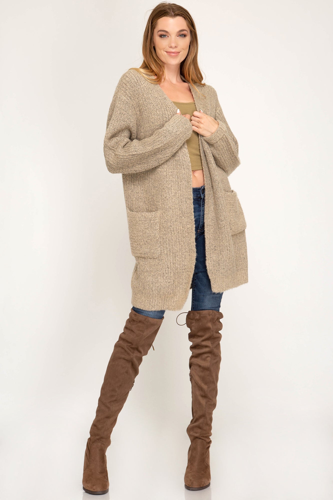 Long sleeve open front cardigan with pocket Ivy and Pearl Boutique